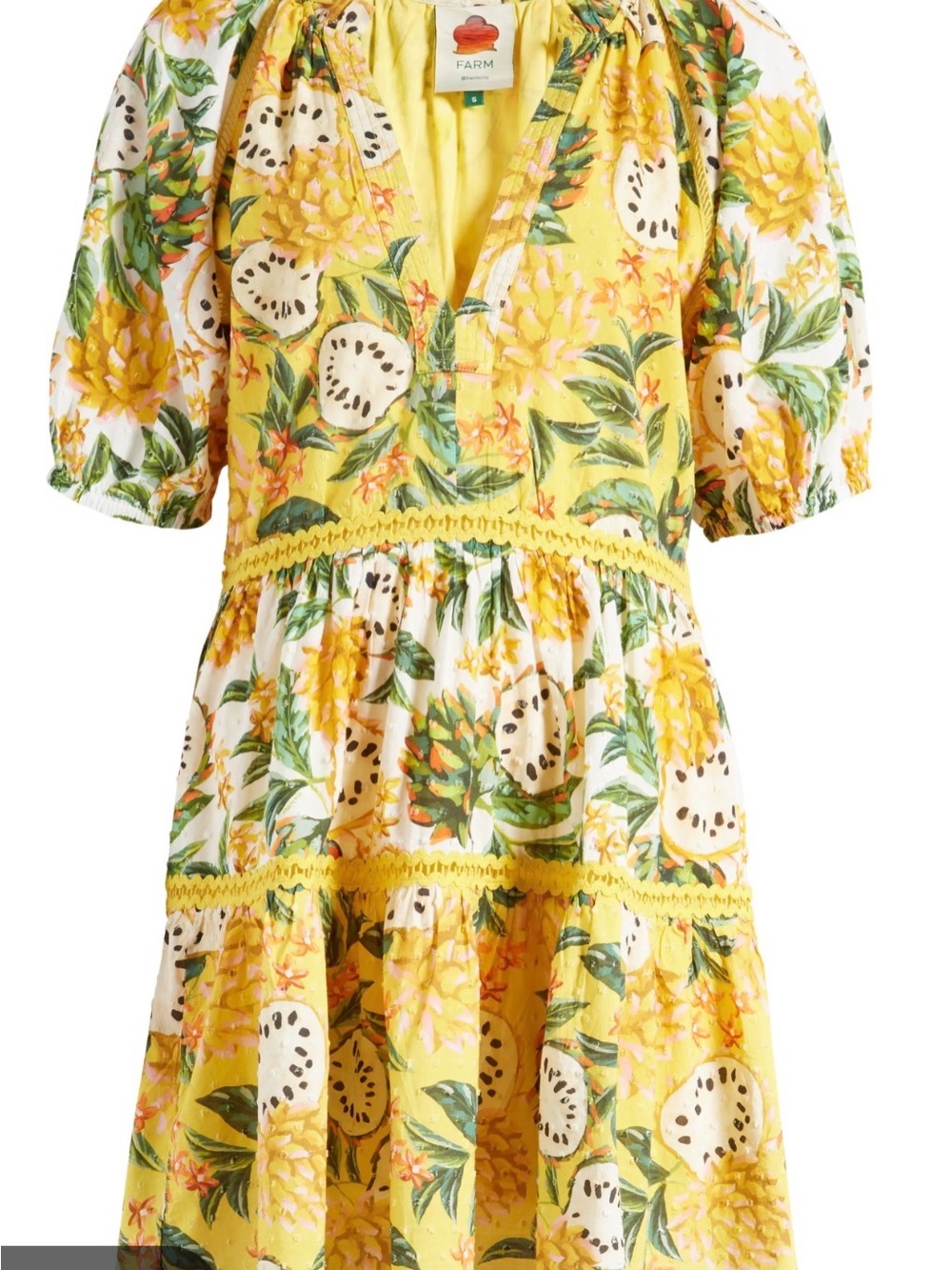 FARM Rio Yellow Tropical Mini Dress with Green Leaf Print